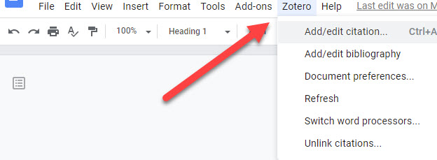 Zotero Menu Option Shown in Google Docs