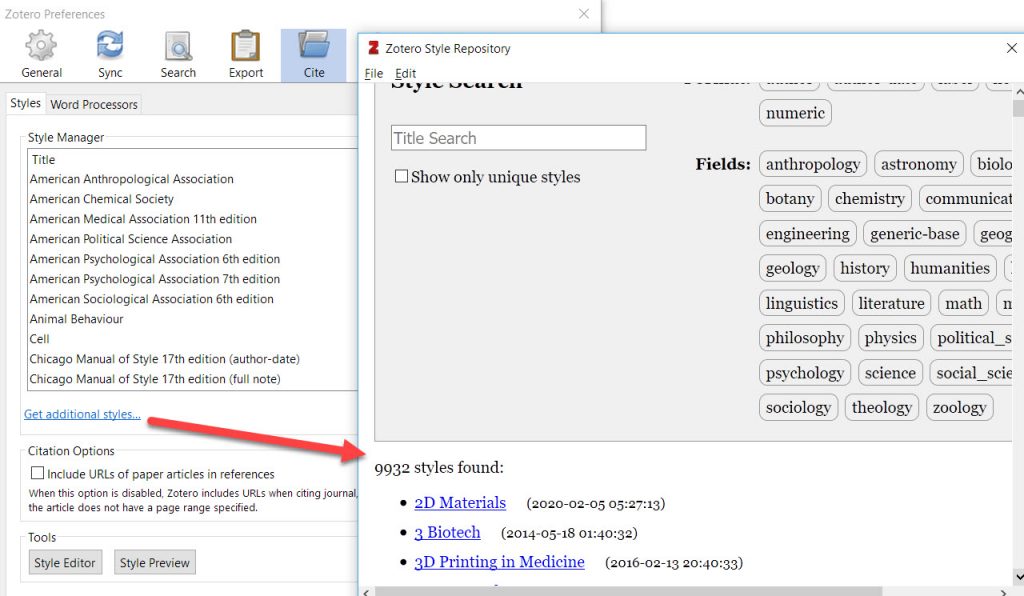 Search for Styles from within the Settings Area in Zotero