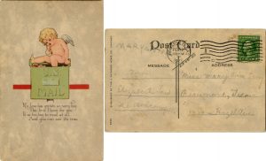 valentine postcard with drawing of cherub sitting on a mail box