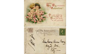 valentine postcard with drawing of two cherub children sitting in pink roses and one kissing the other