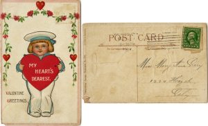 valentine postcard with drawing of young boy holding a heart that says my heart's dearest