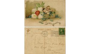 valentine postcard with small child bursting out of a wrapped package