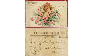 valentine postcard with drawing of child sitting among pink roses