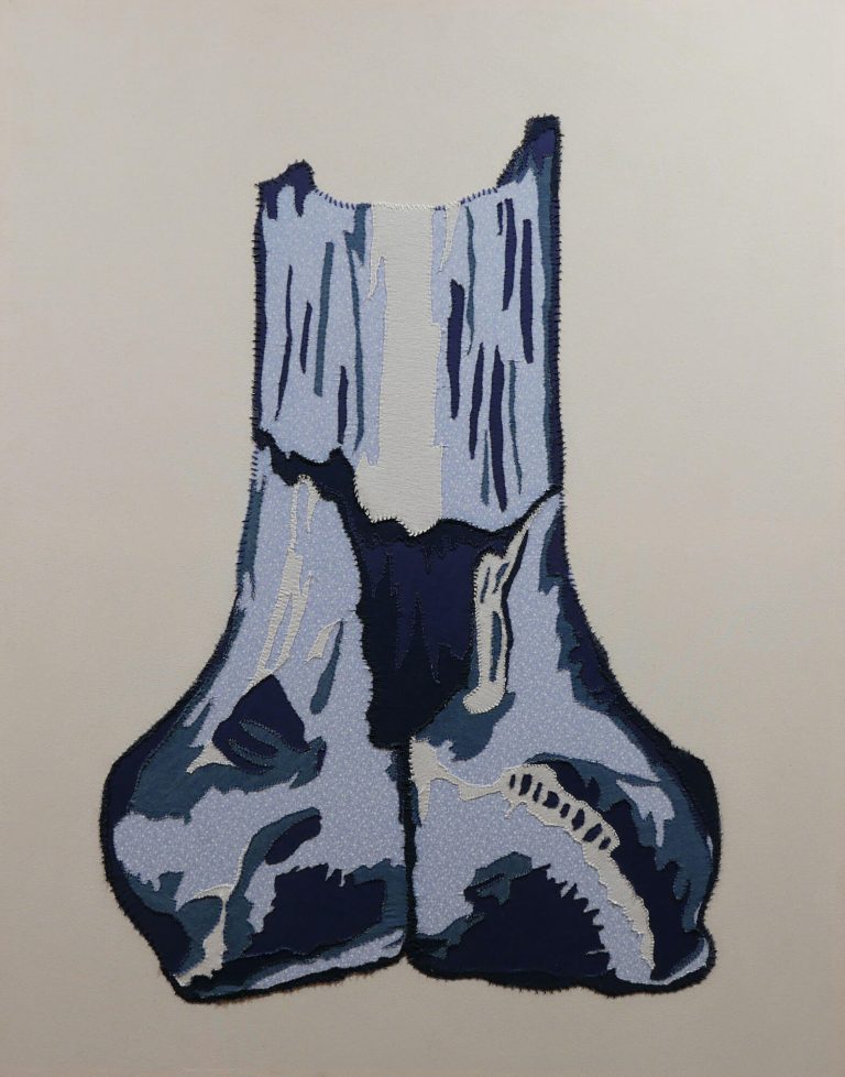 Fractured Femur - Various fabrics, thread, embroidery thread, and whipping twine on raw canvas