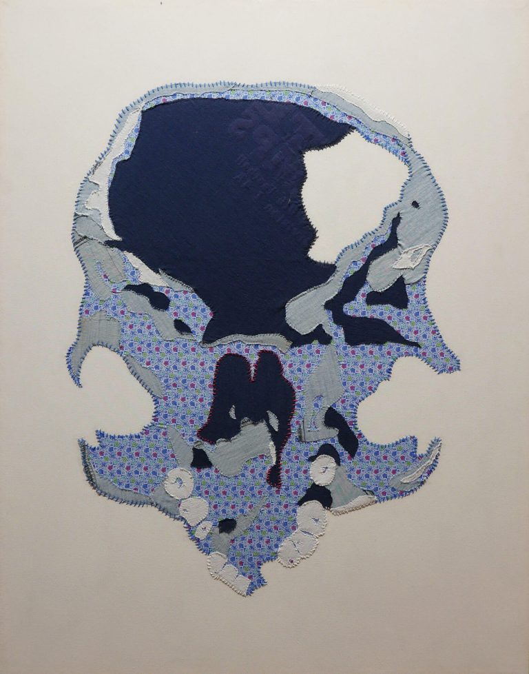 Shattered Skull - Various fabrics, thread, embroidery thread, and whipping twine on raw canvas