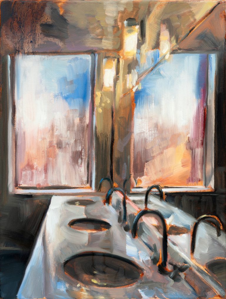 painting of bathroom sinks and mirror